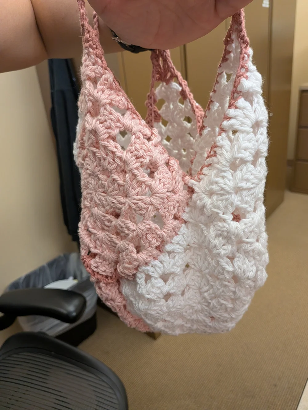 Handmade Crochet Hobo Bag - Pink & White